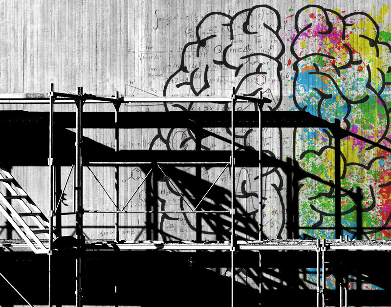 Image of a brain on a concrete wall with scaffolding in front of it.