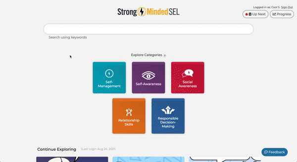 Student navigating to an assigned lesson in StrongMind SEL